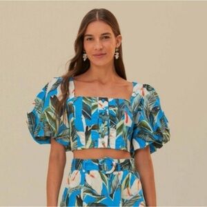 FARM Rio Anthurium Garden Blue Floral Crop Top - sz M